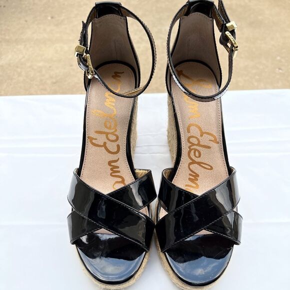Sam Edelman Black Brenda Patent Leather Espadrilles Wedge Heel Sandal Size 8.5 - Picture 2 of 11